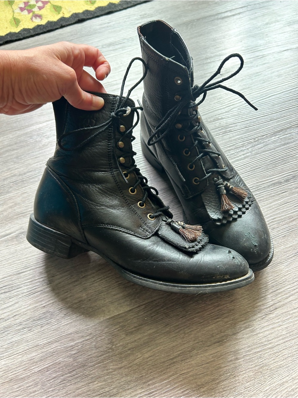 Ariat Black Leather Lace-Up Ankle Boots with Tassel Kiltie Detail